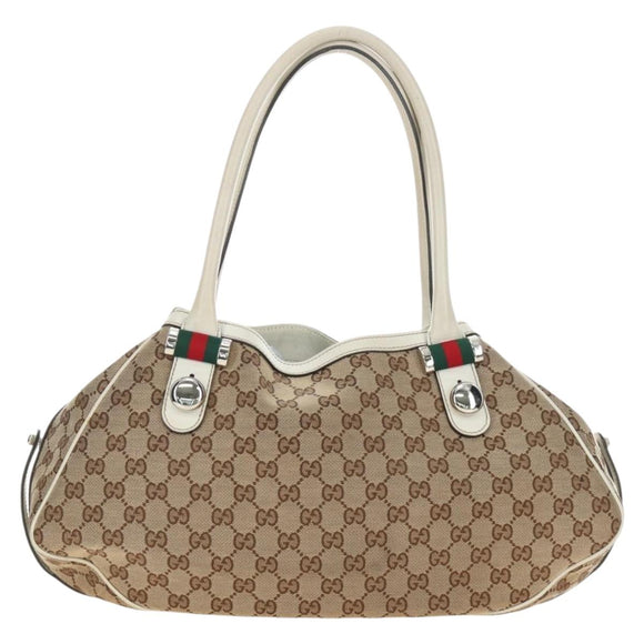 GUCCI GG Canvas Web Sherry Line Tote Bag Beige Silver Red 232971 Auth 187200SAV