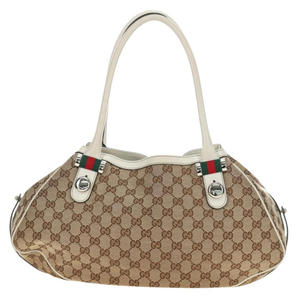 GUCCI GG Canvas Web Sherry Line Tote Bag Beige Silver Red 232971 Auth 187200SAV