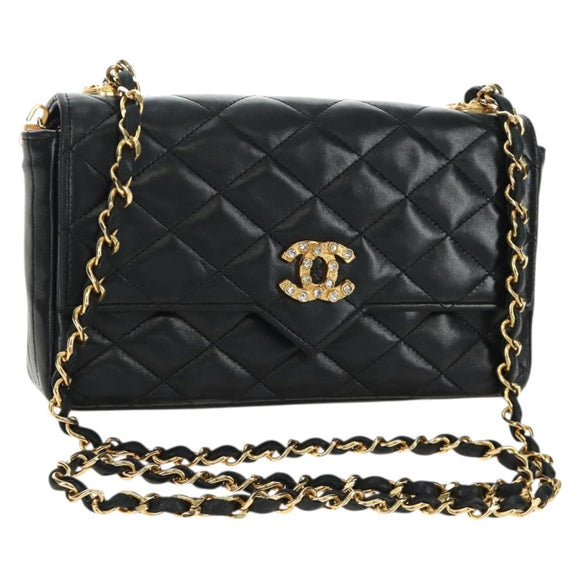 CHANEL Chain Matelasse Shoulder Bag Lamb Skin Black Gold CC Auth 187203SAV