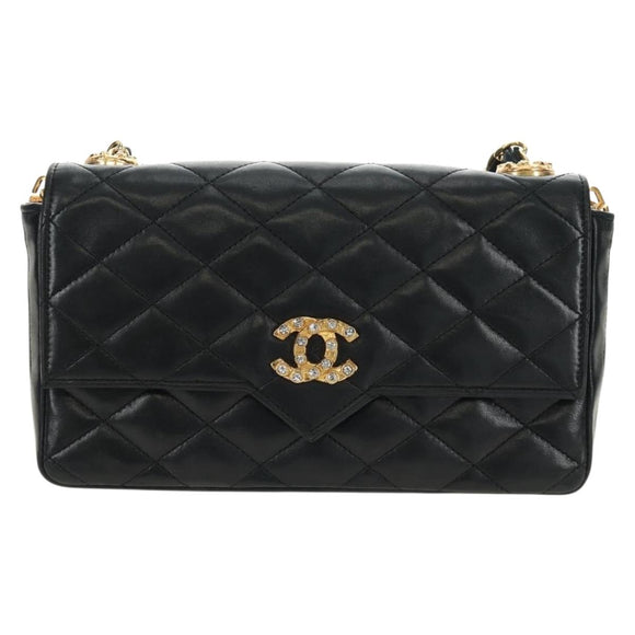 CHANEL Chain Matelasse Shoulder Bag Lamb Skin Black Gold CC Auth 187203SAV