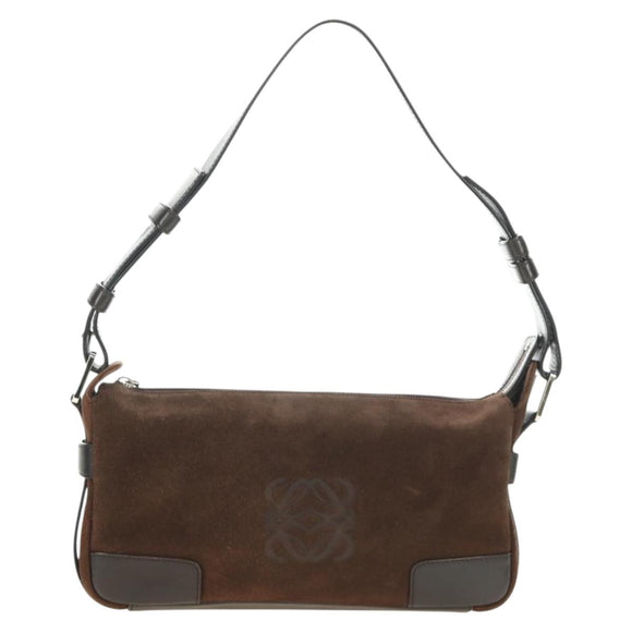 LOEWE Anagram Shoulder Bag Suede Leather Brown Silver Auth 187211SAV