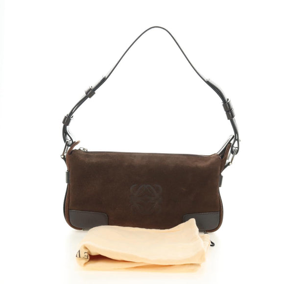 LOEWE Anagram Shoulder Bag Suede Leather Brown Silver Auth 187211SAV