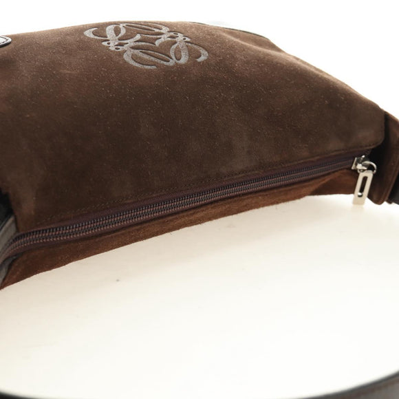 LOEWE Anagram Shoulder Bag Suede Leather Brown Silver Auth 187211SAV
