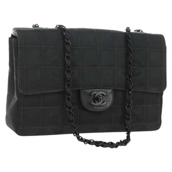 CHANEL Choco Bar Chain New Travel Line Bag Canvas Black CC Auth 187224SAV