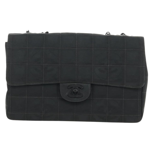 CHANEL Choco Bar Chain New Travel Line Bag Canvas Black CC Auth 187224SAV