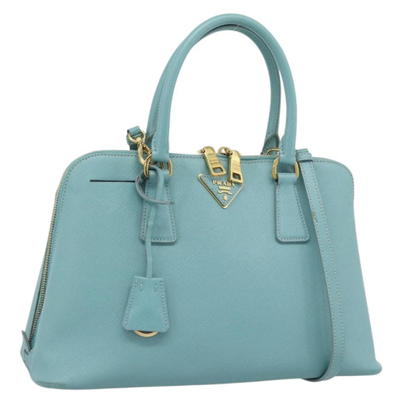 PRADA Hand Bag Safiano Leather 2way Turquoise Blue Gold Auth 187253V