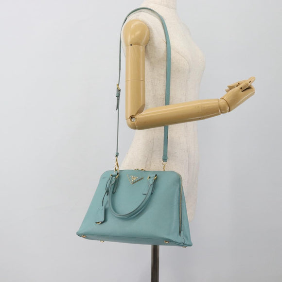 PRADA Hand Bag Safiano Leather 2way Turquoise Blue Gold Auth 187253V