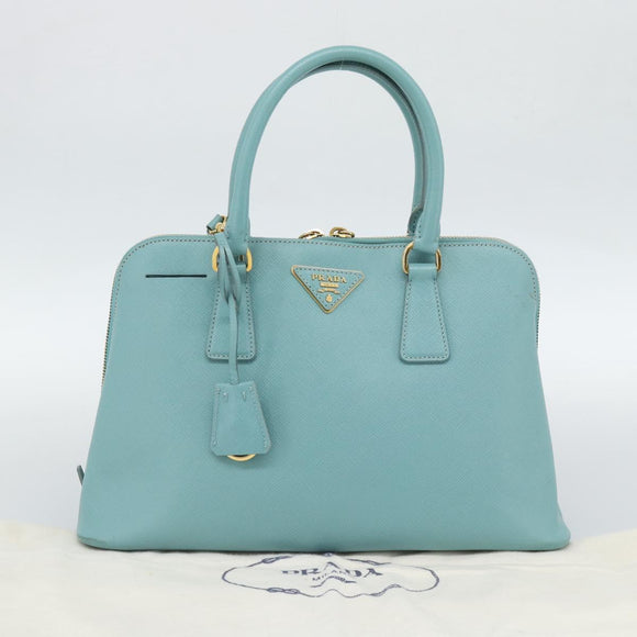 PRADA Hand Bag Safiano Leather 2way Turquoise Blue Gold Auth 187253V
