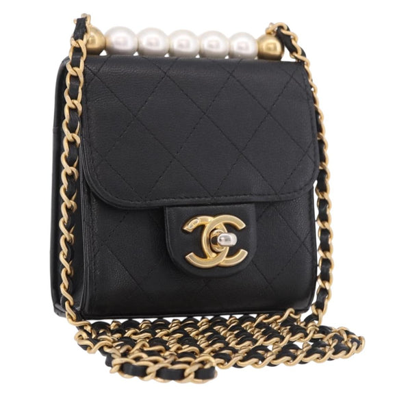 CHANEL Matelasse Chain Shoulder Bag Lamb Skin Black Gold CC Auth 187256SAM