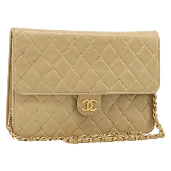 CHANEL Matelasse Chain Shoulder Bag Lamb Skin Beige Gold CC Auth 187257