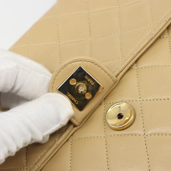 CHANEL Matelasse Chain Shoulder Bag Lamb Skin Beige Gold CC Auth 187257