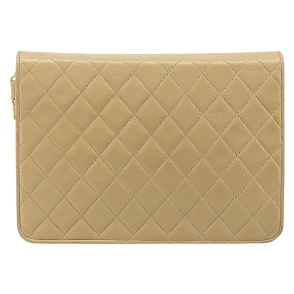 CHANEL Matelasse Chain Shoulder Bag Lamb Skin Beige Gold CC Auth 187257