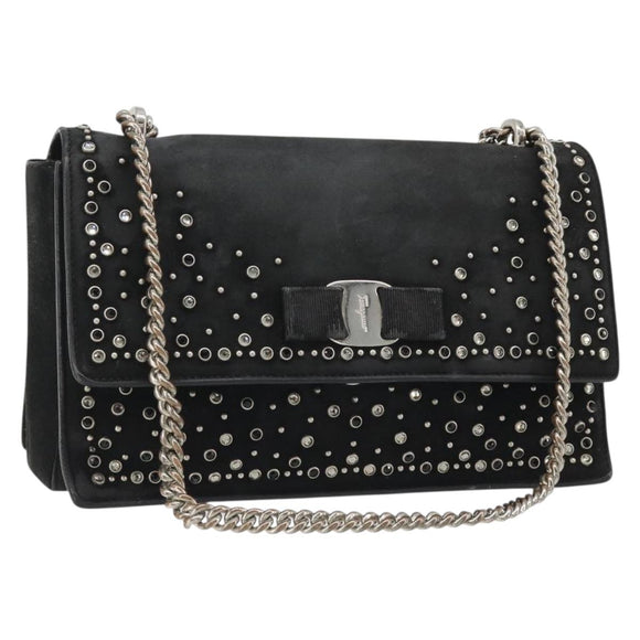Salvatore Ferragamo Vala Chain Shoulder Bag Suede Black Silver Auth 187258A