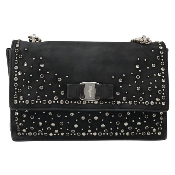 Salvatore Ferragamo Vala Chain Shoulder Bag Suede Black Silver Auth 187258A