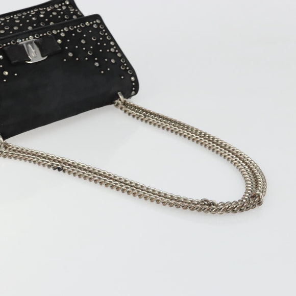 Salvatore Ferragamo Vala Chain Shoulder Bag Suede Black Silver Auth 187258A