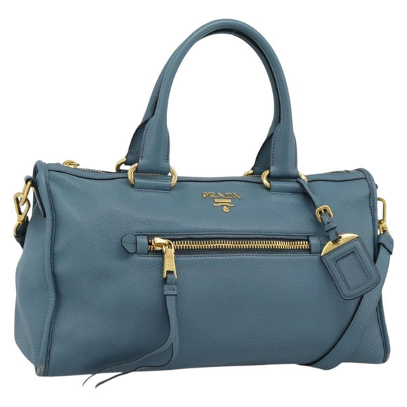 PRADA Hand Bag Vittero Dino Leather 2way Blue Gold Auth 187263V