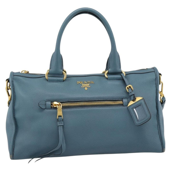 PRADA Hand Bag Vittero Dino Leather 2way Blue Gold Auth 187263V
