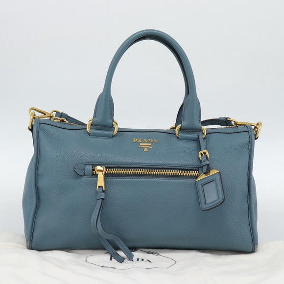 PRADA Hand Bag Vittero Dino Leather 2way Blue Gold Auth 187263V