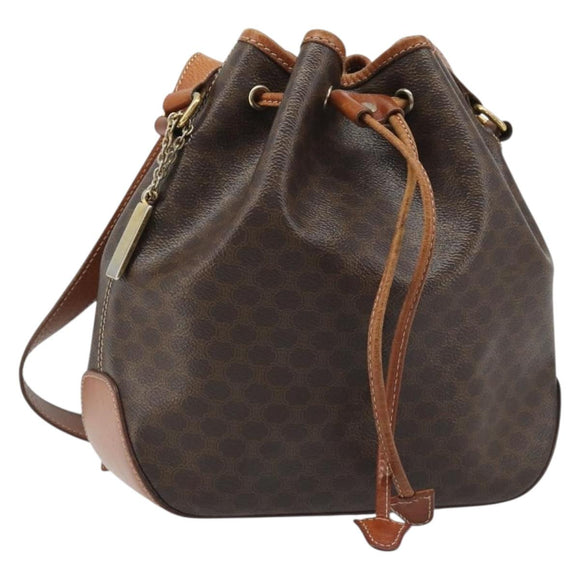 CELINE Macadam Canvas Shoulder Bag PVC Leather Black Gold Auth 187268