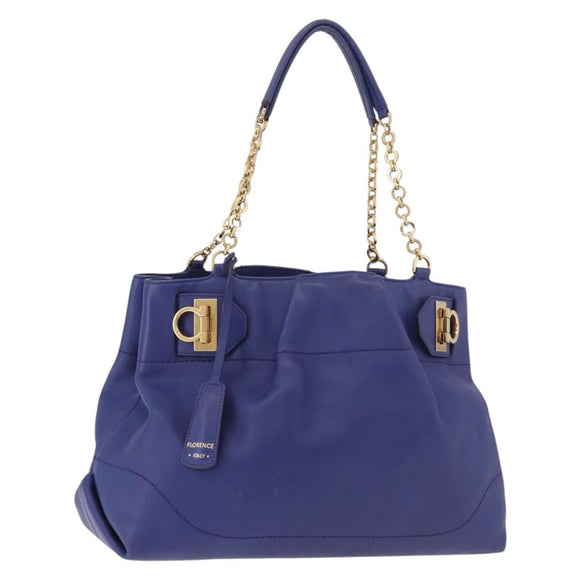 Salvatore Ferragamo Gancini Chain Shoulder Tote Bag Leather Blue Auth 187269V