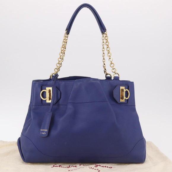 Salvatore Ferragamo Gancini Chain Shoulder Tote Bag Leather Blue Auth 187269V