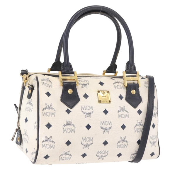MCM Boston Bag PVC Leather 2way White Gold Auth 187279