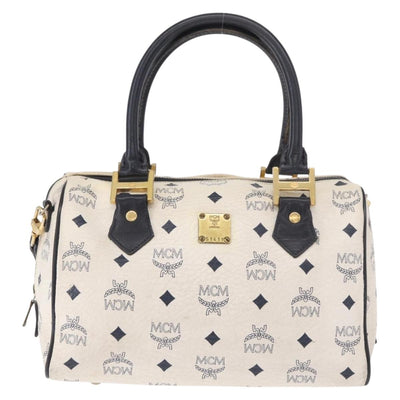 MCM Boston Bag PVC Leather 2way White Gold Auth 187279 - 0