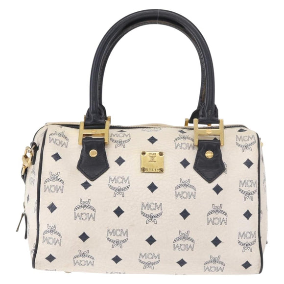 MCM Boston Bag PVC Leather 2way White Gold Auth 187279