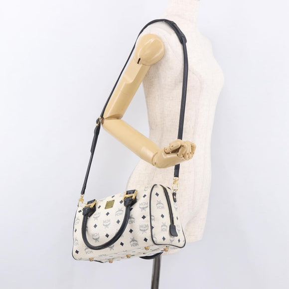 MCM Boston Bag PVC Leather 2way White Gold Auth 187279