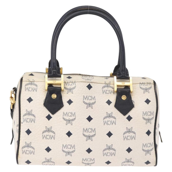 MCM Boston Bag PVC Leather 2way White Gold Auth 187279