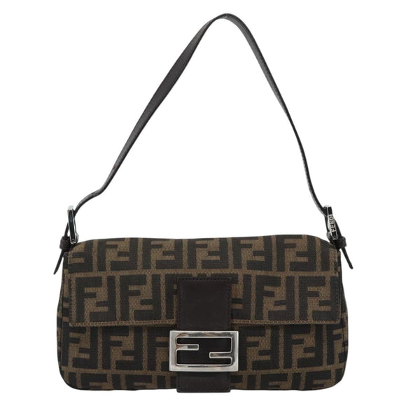 FENDI Zucca Canvas Mamma Baguette Shoulder Bag Black Brown Auth 187283V
