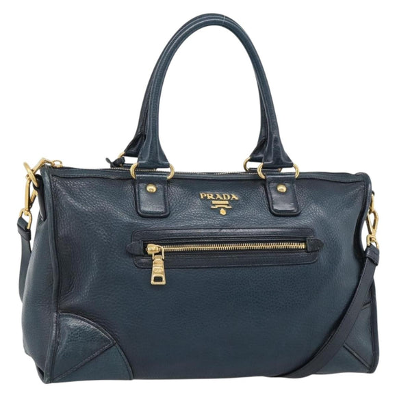 PRADA Hand Bag Leather 2way Blue Gold Auth 187288V