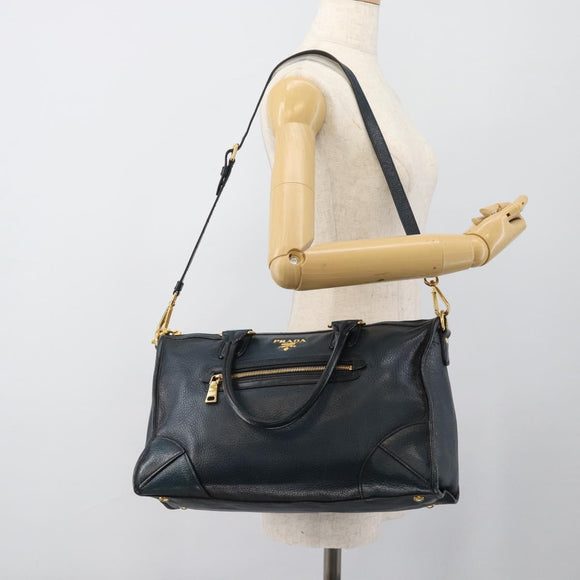 PRADA Hand Bag Leather 2way Blue Gold Auth 187288V
