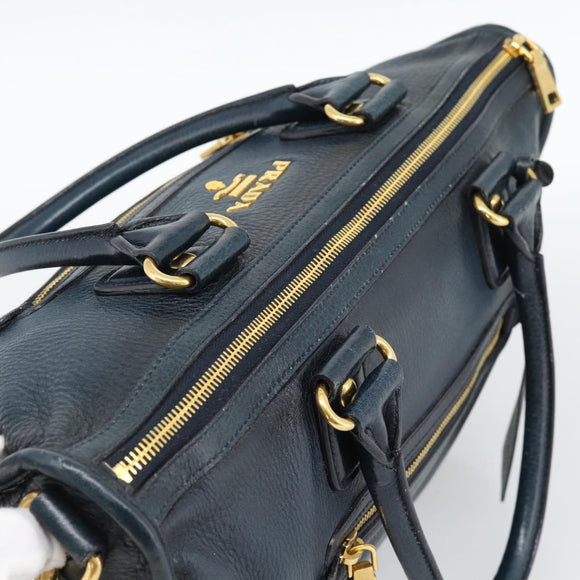 PRADA Hand Bag Leather 2way Blue Gold Auth 187288V