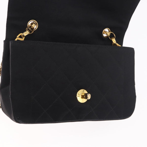 CHANEL Matelasse Chain Shoulder Bag Satin Black Gold CC Auth 187299V