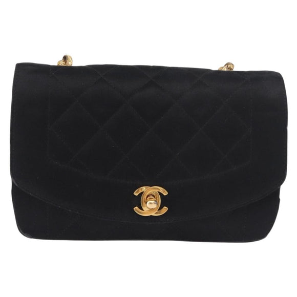 CHANEL Matelasse Chain Shoulder Bag Satin Black Gold CC Auth 187299V