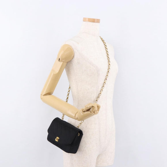 CHANEL Matelasse Chain Shoulder Bag Satin Black Gold CC Auth 187299V