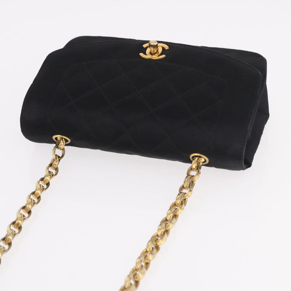 CHANEL Matelasse Chain Shoulder Bag Satin Black Gold CC Auth 187299V