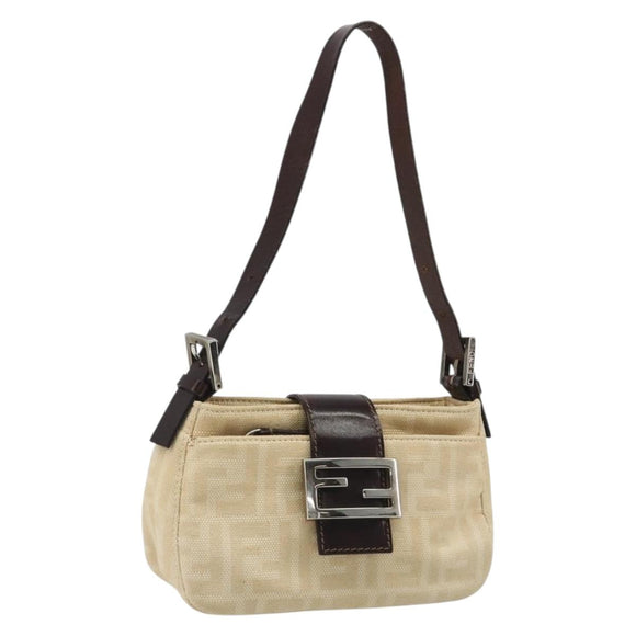FENDI Zucca Canvas Mamma Baguette Shoulder Bag Beige Silver Auth 187318A
