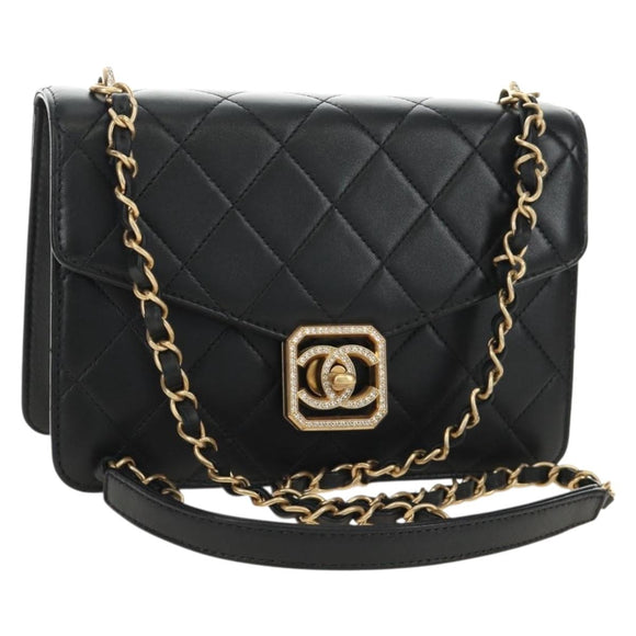 CHANEL Matelasse Chain Shoulder Bag Lamb Skin Black Gold CC Auth 187319SM