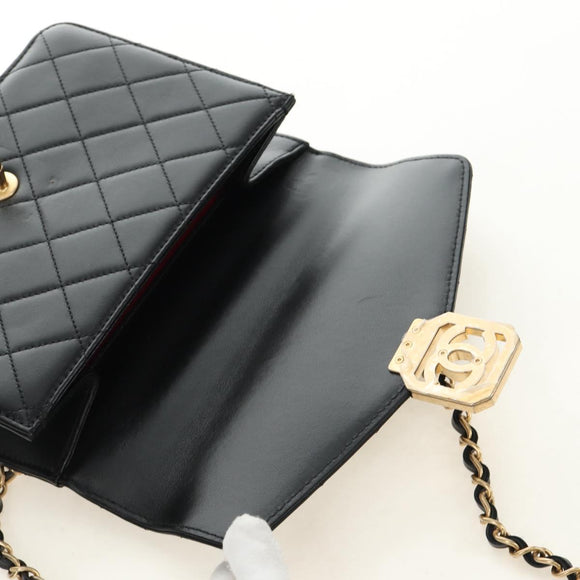 CHANEL Matelasse Chain Shoulder Bag Lamb Skin Black Gold CC Auth 187319SM