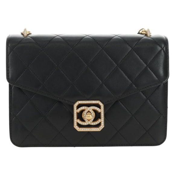 CHANEL Matelasse Chain Shoulder Bag Lamb Skin Black Gold CC Auth 187319SM