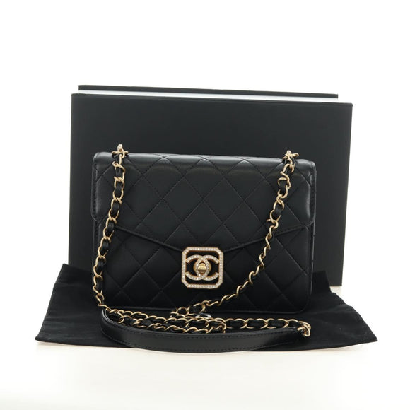 CHANEL Matelasse Chain Shoulder Bag Lamb Skin Black Gold CC Auth 187319SM