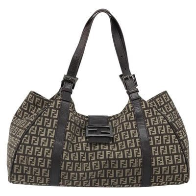 FENDI Zucchino Canvas Hand Bag Silver Brown Auth 187339A - 0