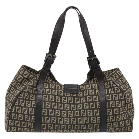 FENDI Zucchino Canvas Hand Bag Silver Brown Auth 187339A