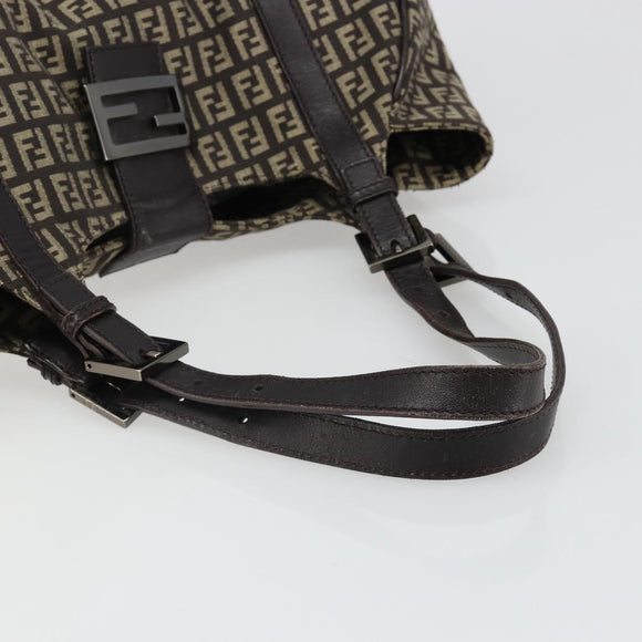 FENDI Zucchino Canvas Hand Bag Silver Brown Auth 187339A
