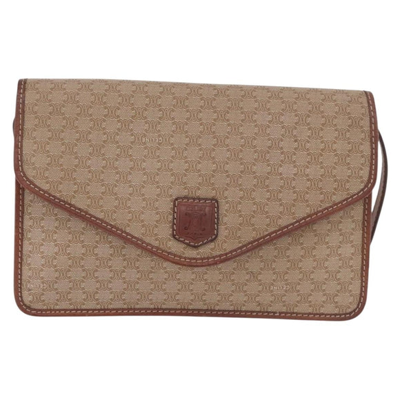 CELINE Macadam Canvas Shoulder Bag PVC Leather Beige Gold Auth 187364