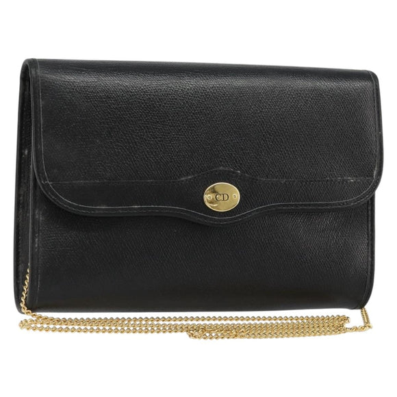 Christian Dior Chain Shoulder Bag Leather Black Gold Auth 187366