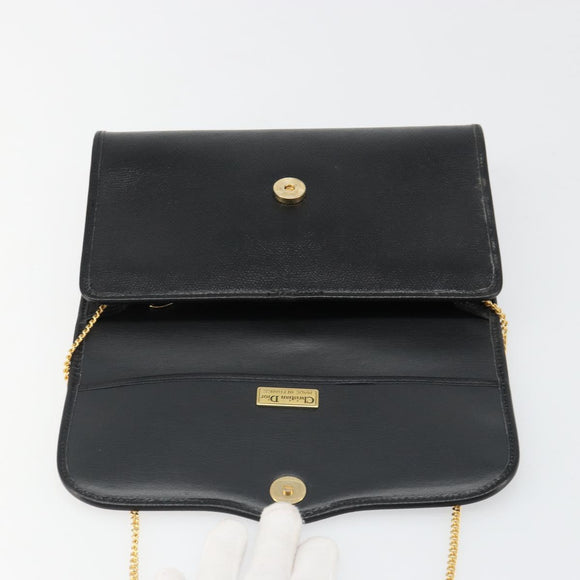 Christian Dior Chain Shoulder Bag Leather Black Gold Auth 187366