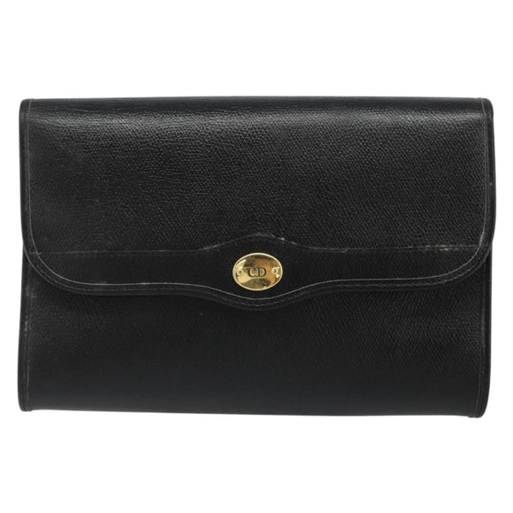 Christian Dior Chain Shoulder Bag Leather Black Gold Auth 187366